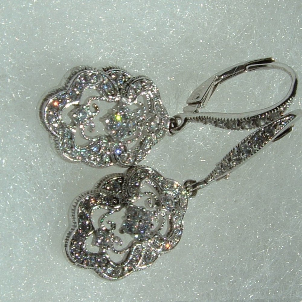925 Sterling Silver CZ Diamonique Floral Earrings Retro Art Deco Style - Picture 6 of 14